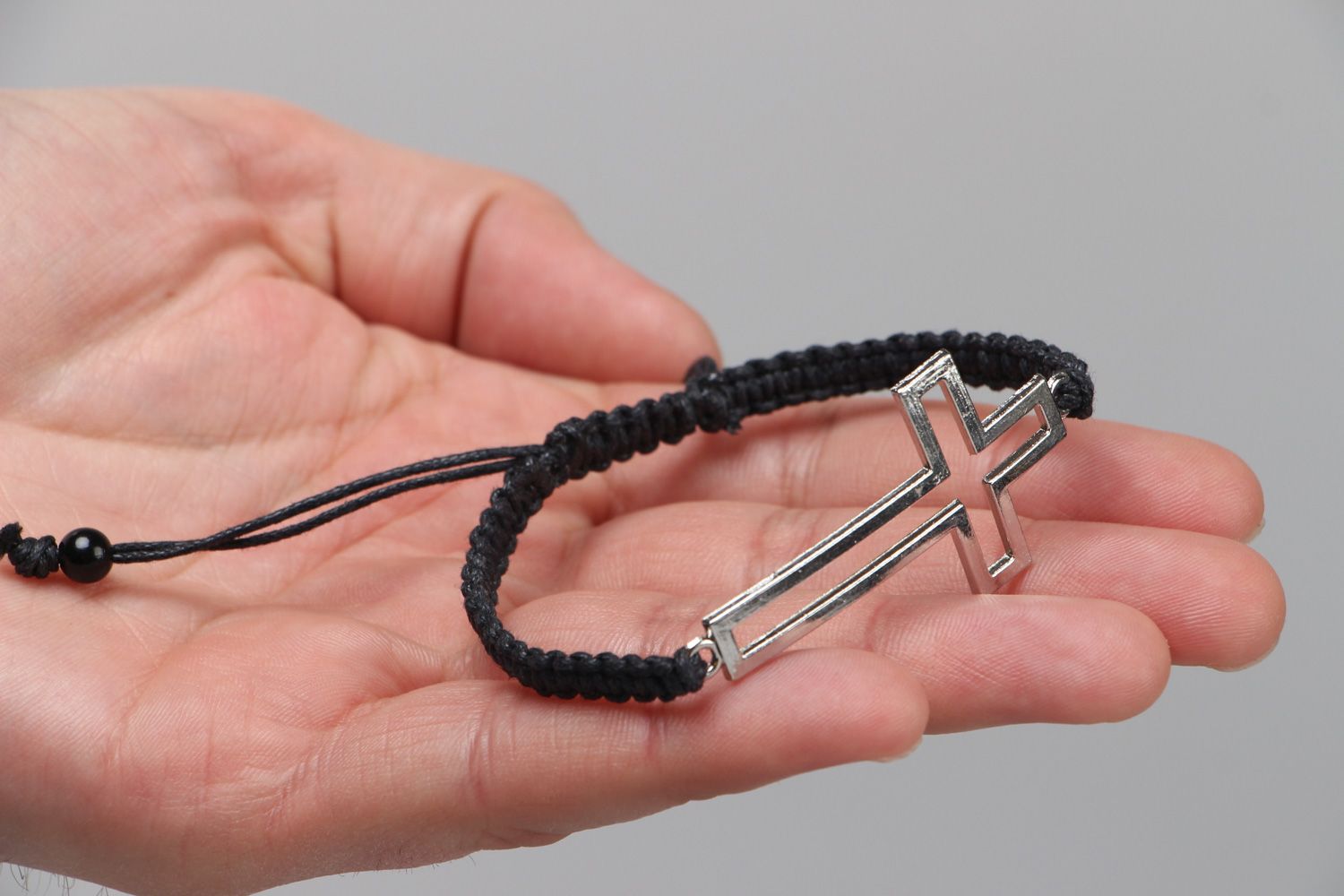 Handmade woven waxed cord wrist bracelet with cross photo 3