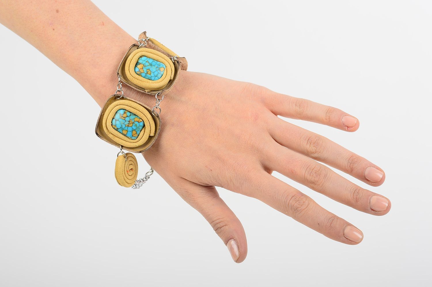 Bracelet cuir Bijou fait main brun avec pierres naturelles Accessoire femme photo 1