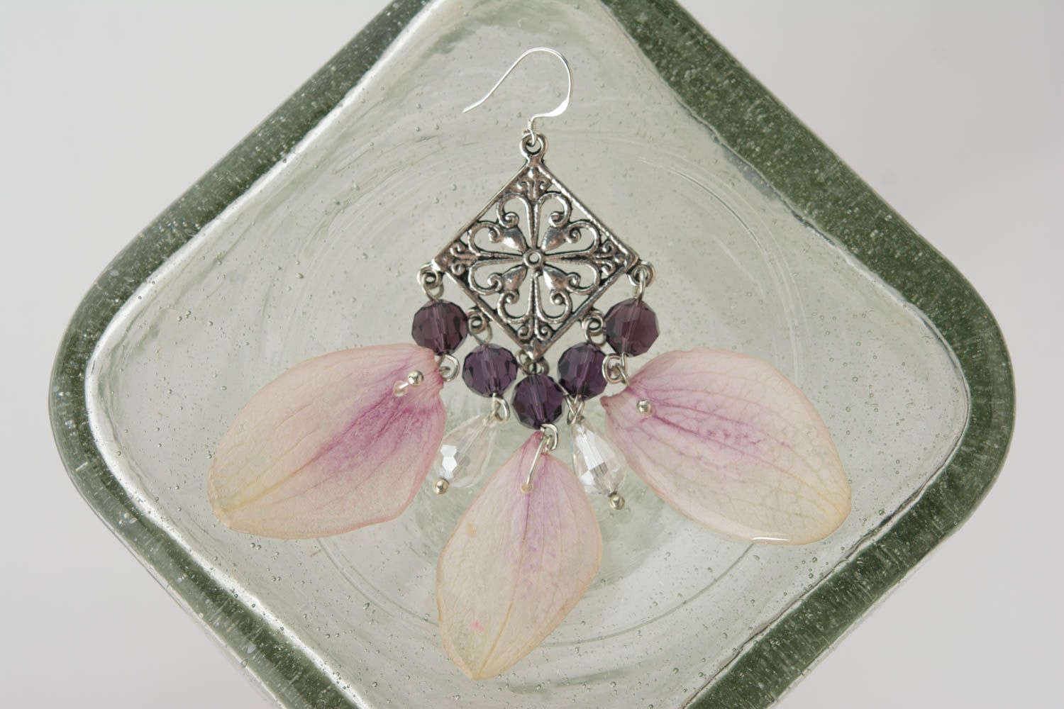 Handmade botanic earrings with orchid petals in epoxy resin large summer accessory photo 2
