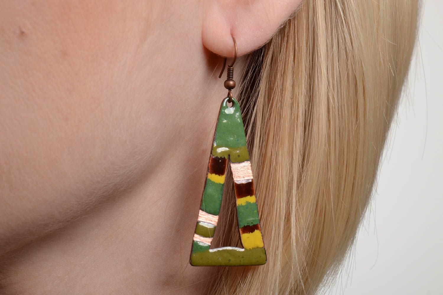 Handmade copper multi-colored triangular earrings with hot enamel stylish gift photo 5