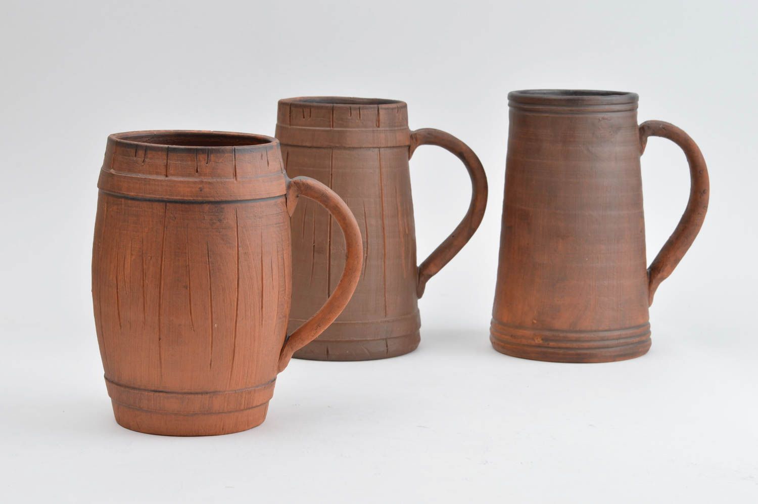 Set of 3 different clay beer mugs in German-style in dark brown color 4,46 lb photo 2