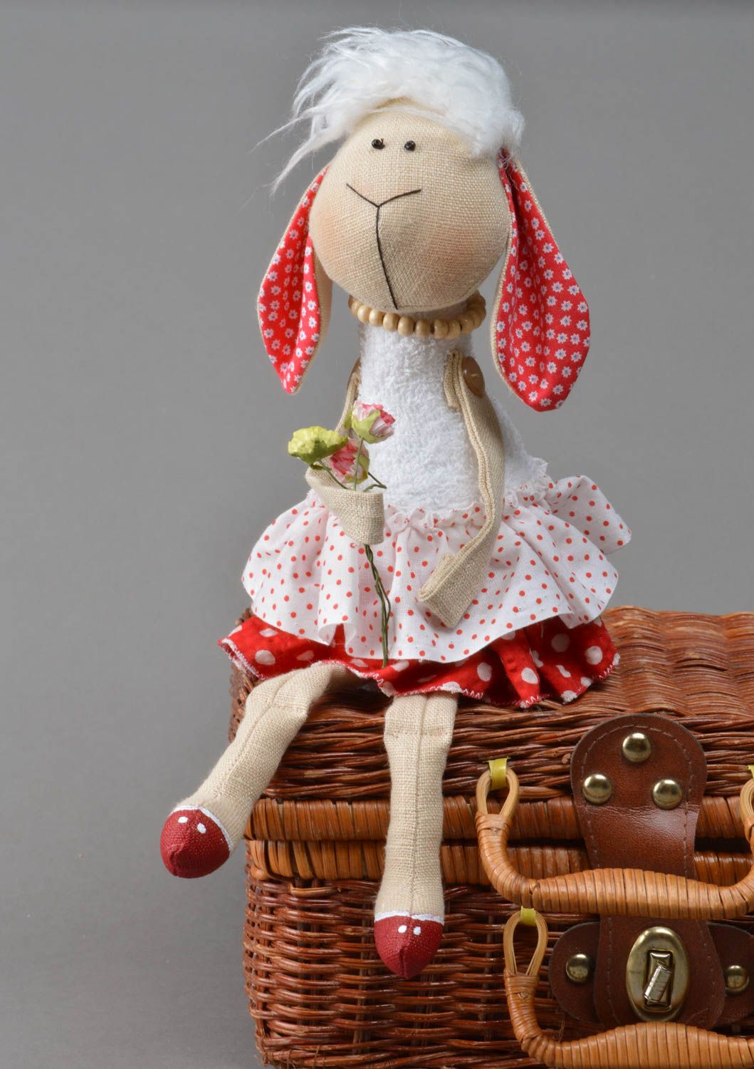 Handmade natural fabric soft toy Lamb in cute dress with decorative flowers photo 1