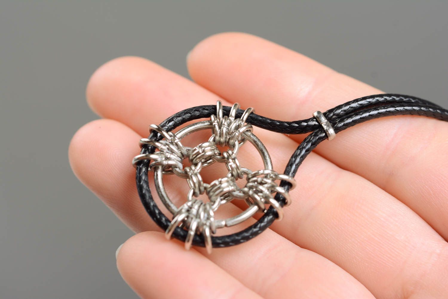 Unusual stylish handmade designer round black metal neck pendant with cord photo 3