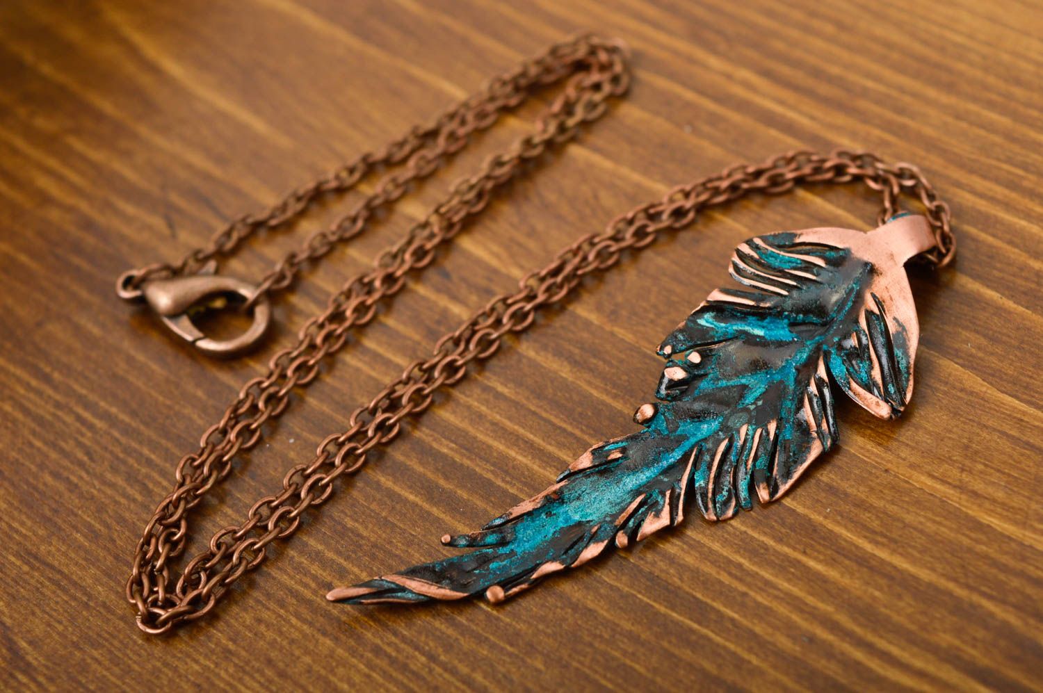 Handmade copper pendant unusual cute accessory pendant in shape of leaf photo 2