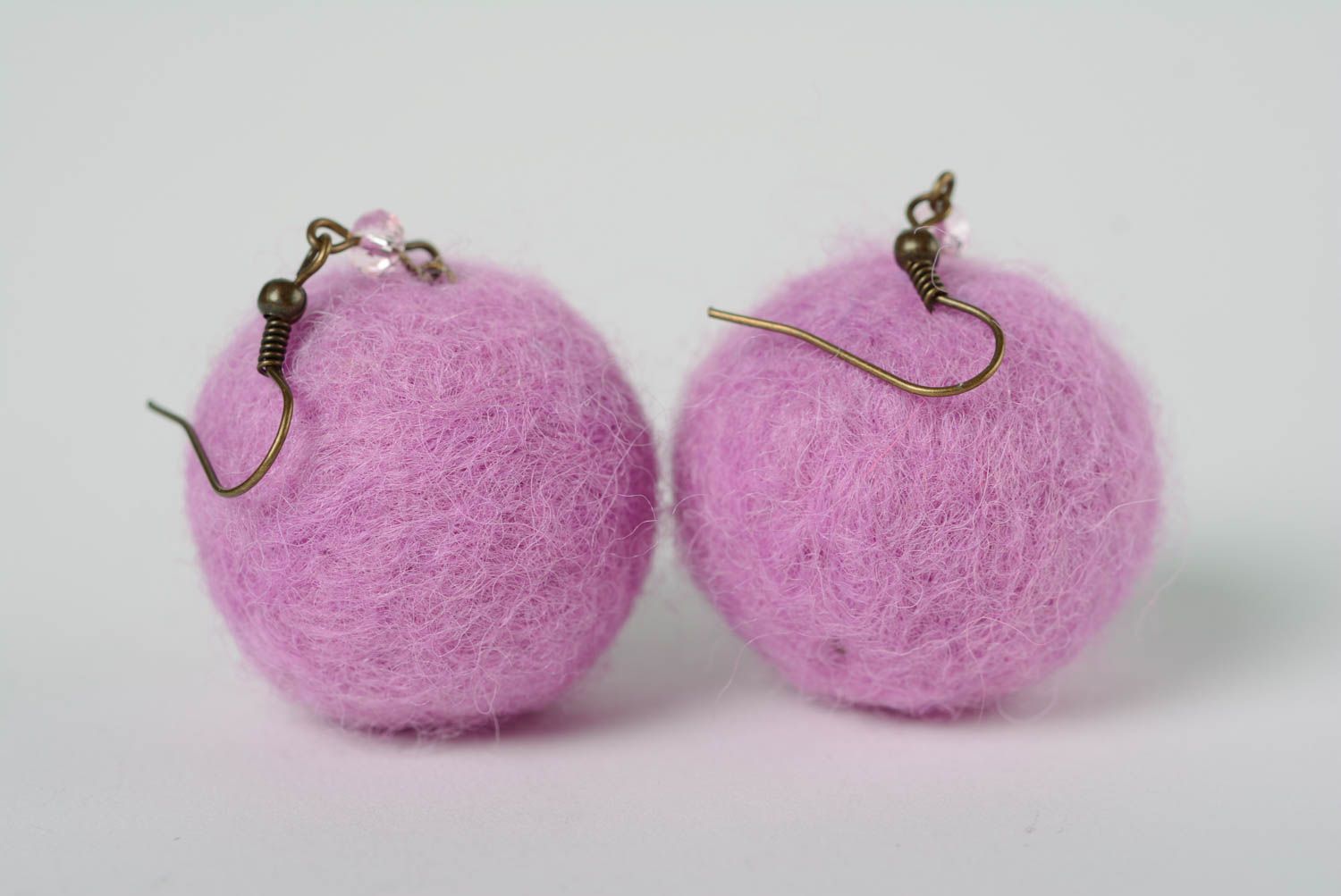 Beautiful handmade designer felted wool ball earrings of lilac color photo 1