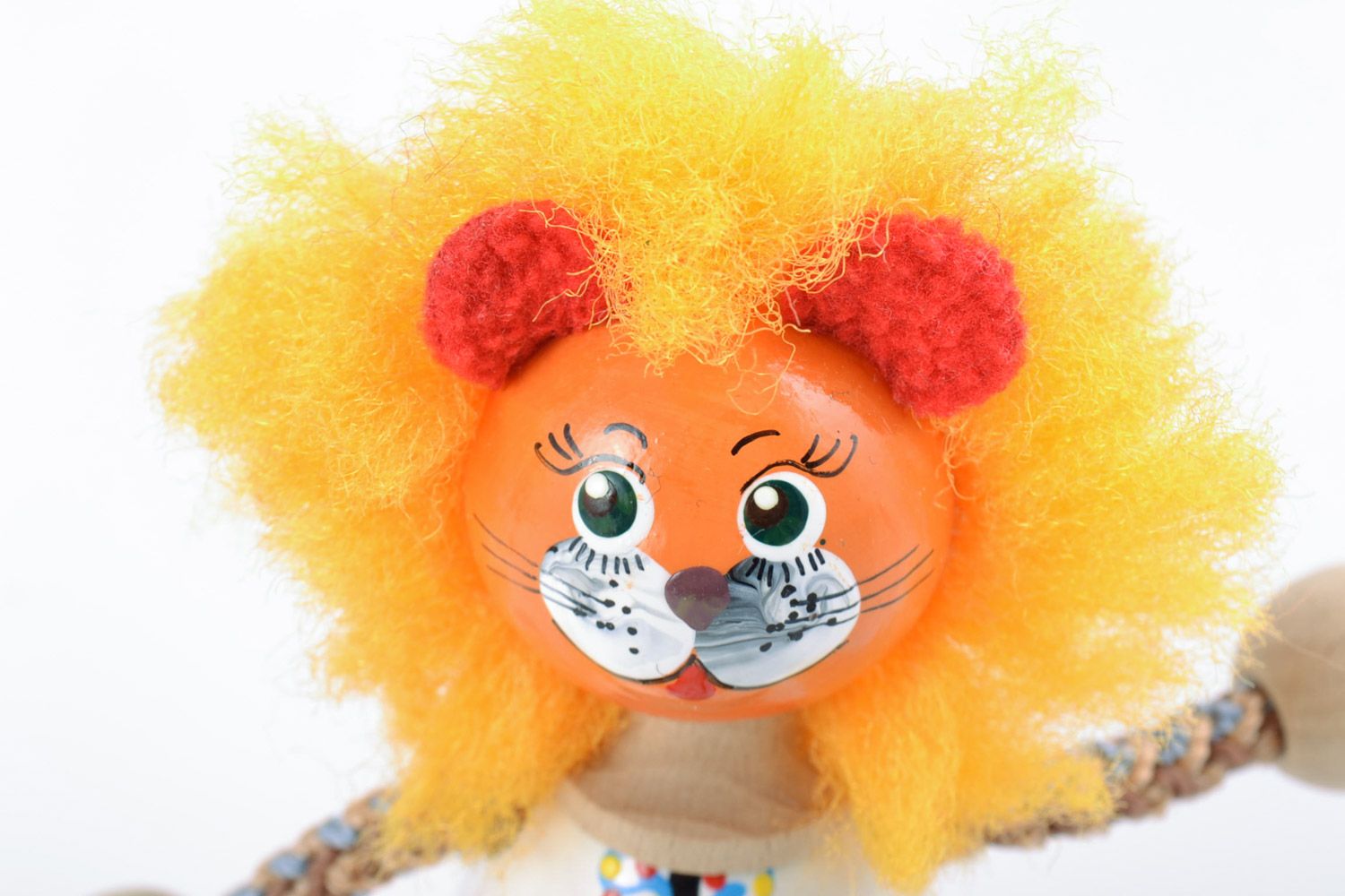 Bright painted eco friendly toy hand made of beech wood Lion with cord paws  photo 3