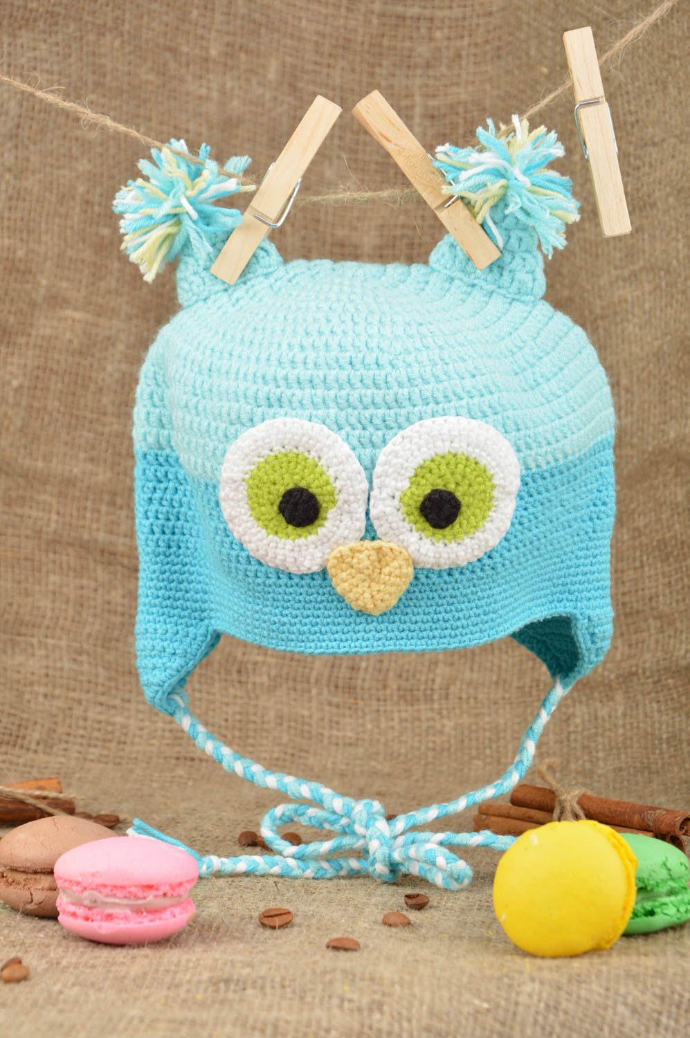 Handmade cute designer crocheted cap turquoise owl made of cotton and wool photo 1