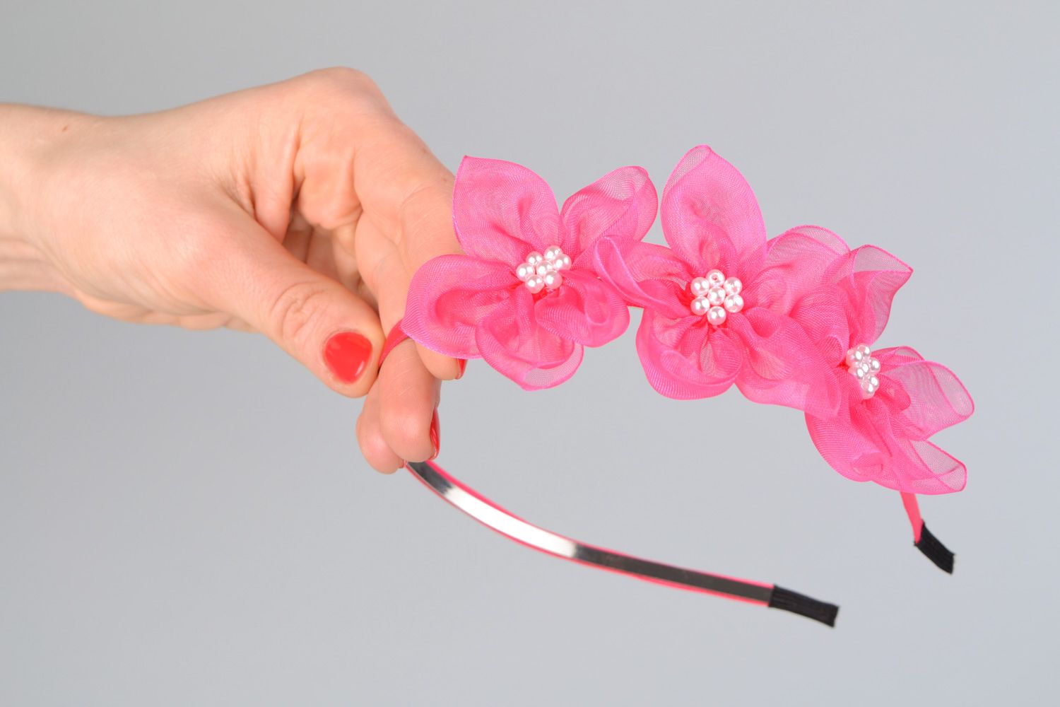 Handmade pink satin flower headband photo 2