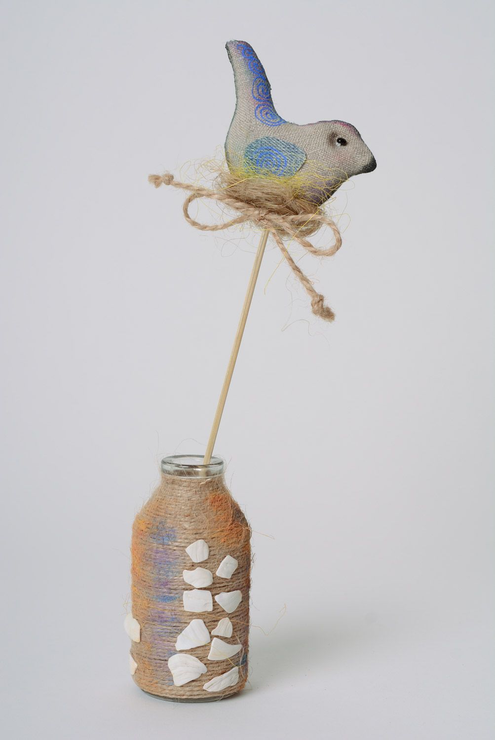 Тканевая птичка на палочке для комнатных растений разрыхлитель льняная handmade фото 3