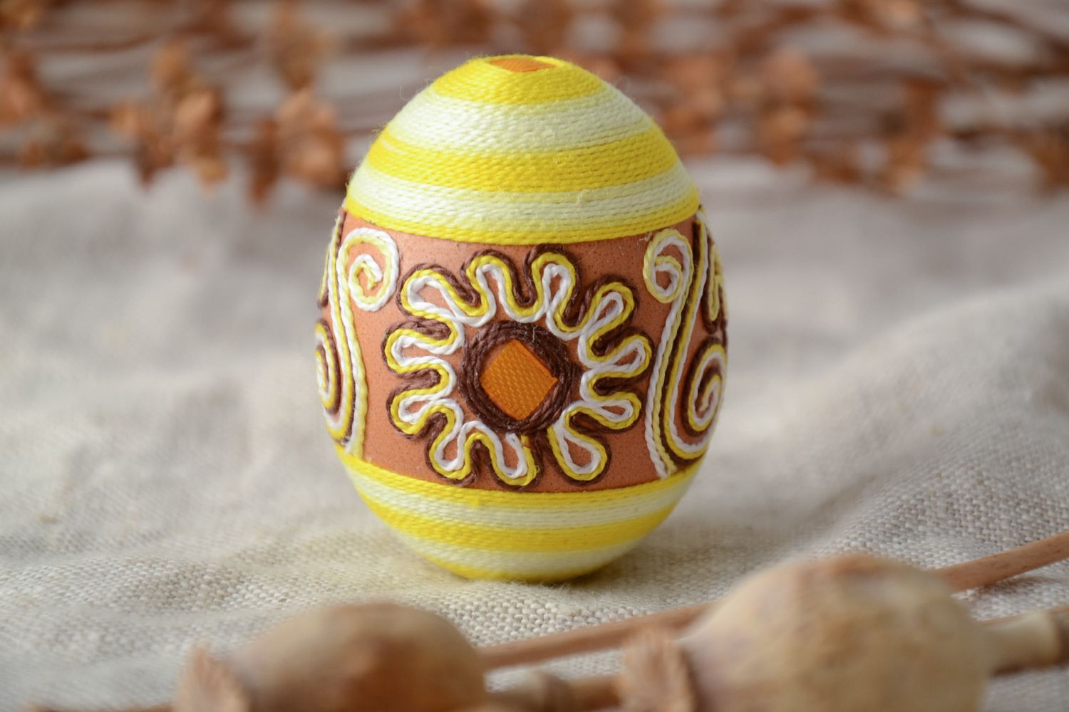 Yellow handmade decorative Easter egg photo 1