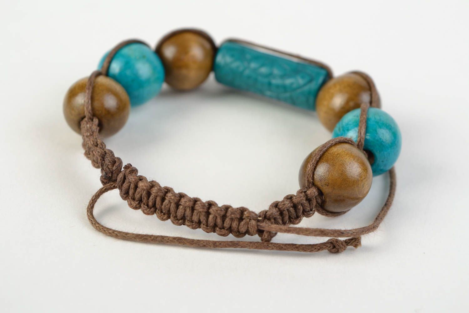 Handmade women's woven cotton cord wrist bracelet with wooden beads photo 5