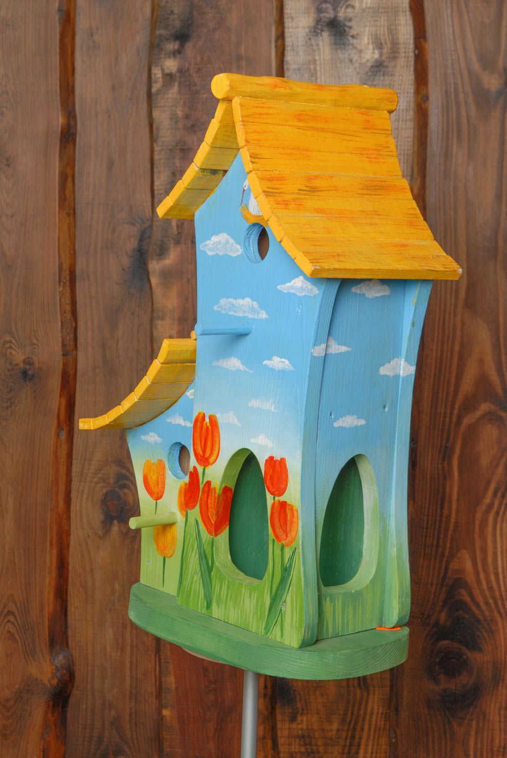 Large wooden birdhouse feeder with painting photo 4