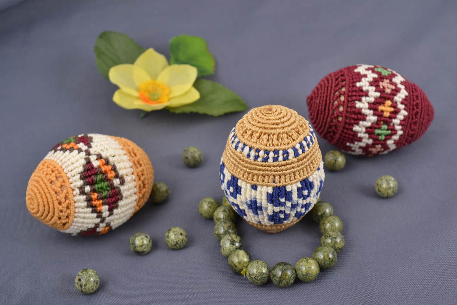 Set of 3 handmade designer macrame woven Easter eggs with colorful ornaments photo 1