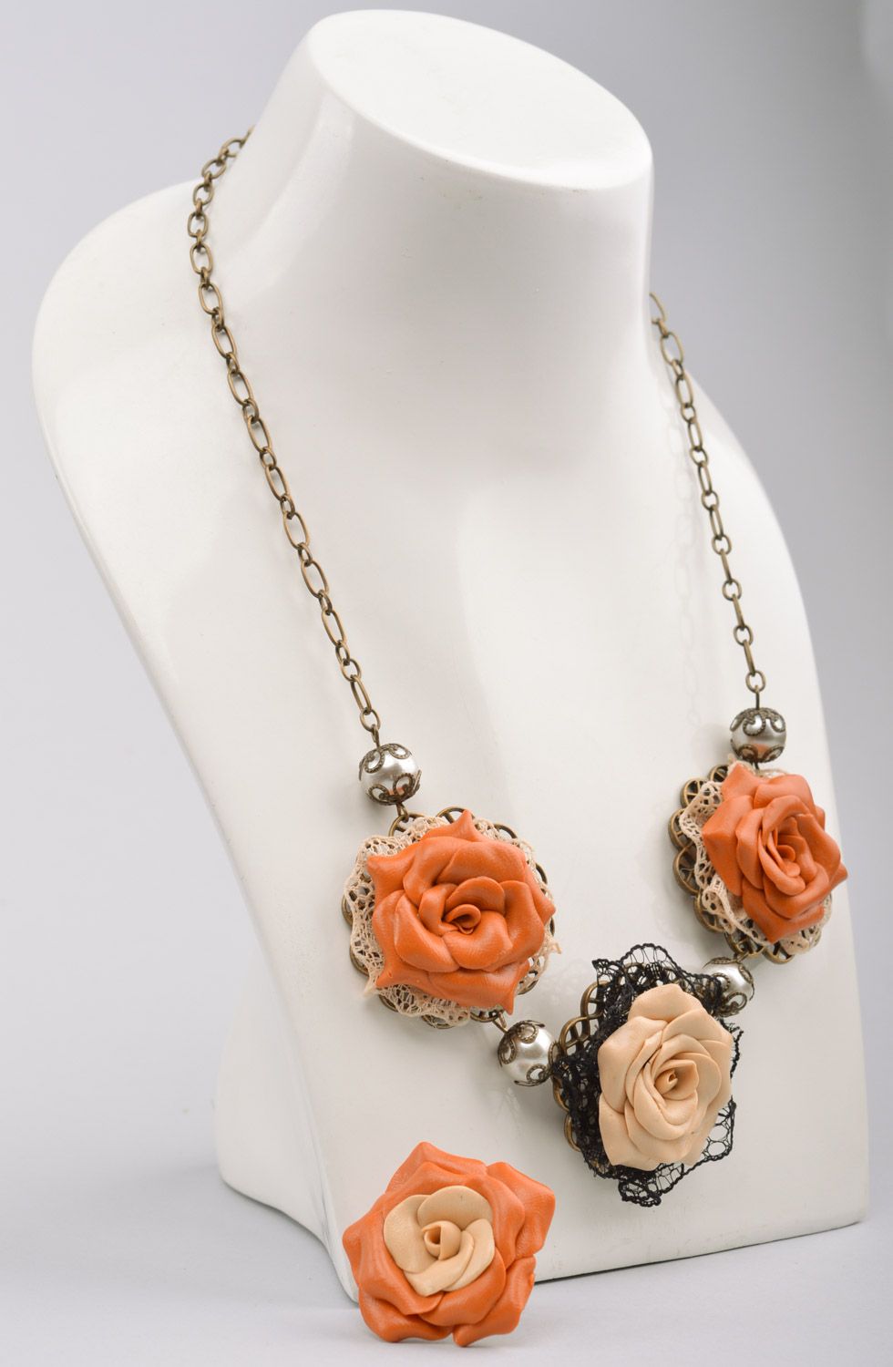Unusual handmade polymer clay flower jewelry set 2 items necklace and ring photo 5