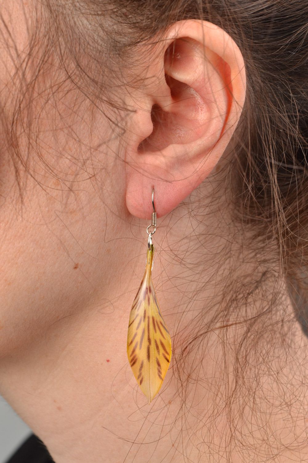 Handmade yellow and red dangle earrings with alstroemeria flower in epoxy resin photo 2
