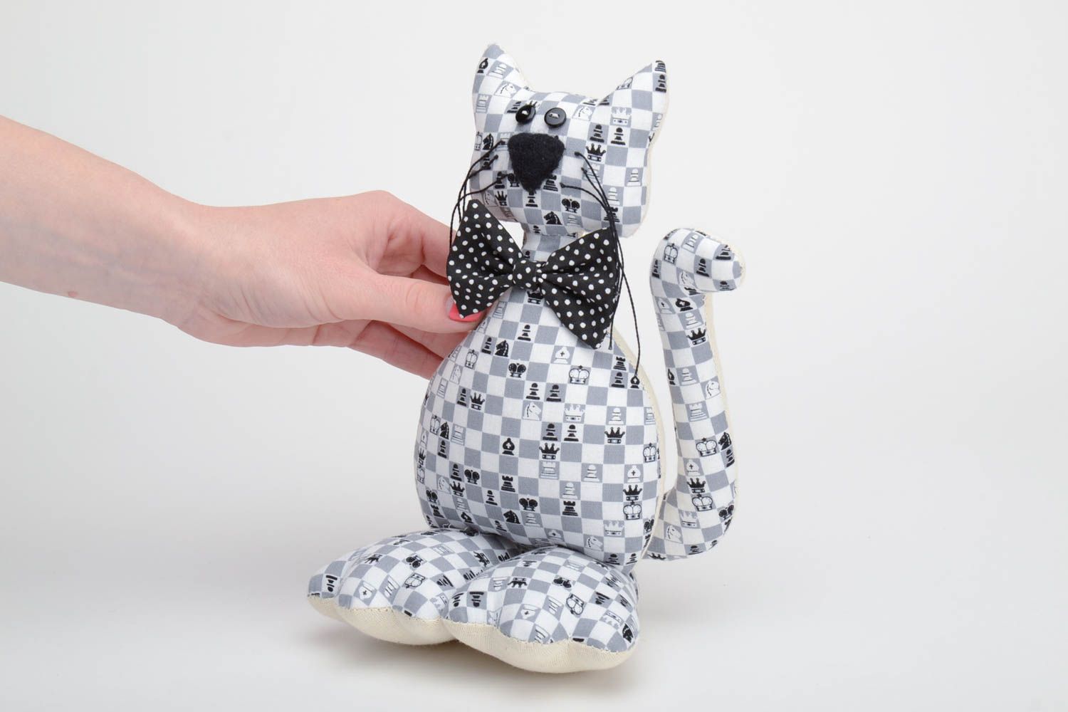 Handmade designer black and white cotton soft toy cat with polka dot bow tie photo 5