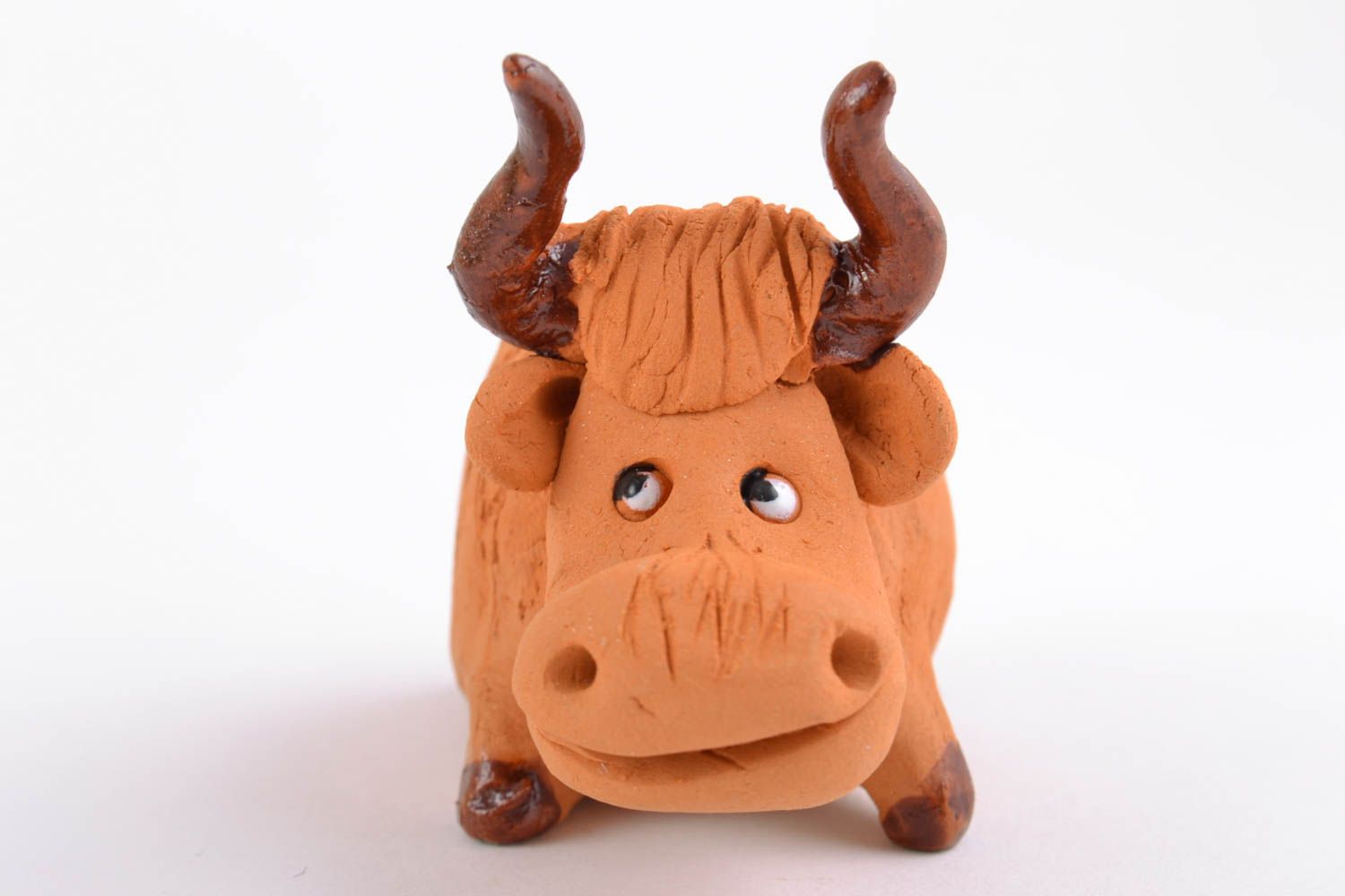 Handmade small brown ethnic ceramic figurine of bull painted with acrylics  photo 4