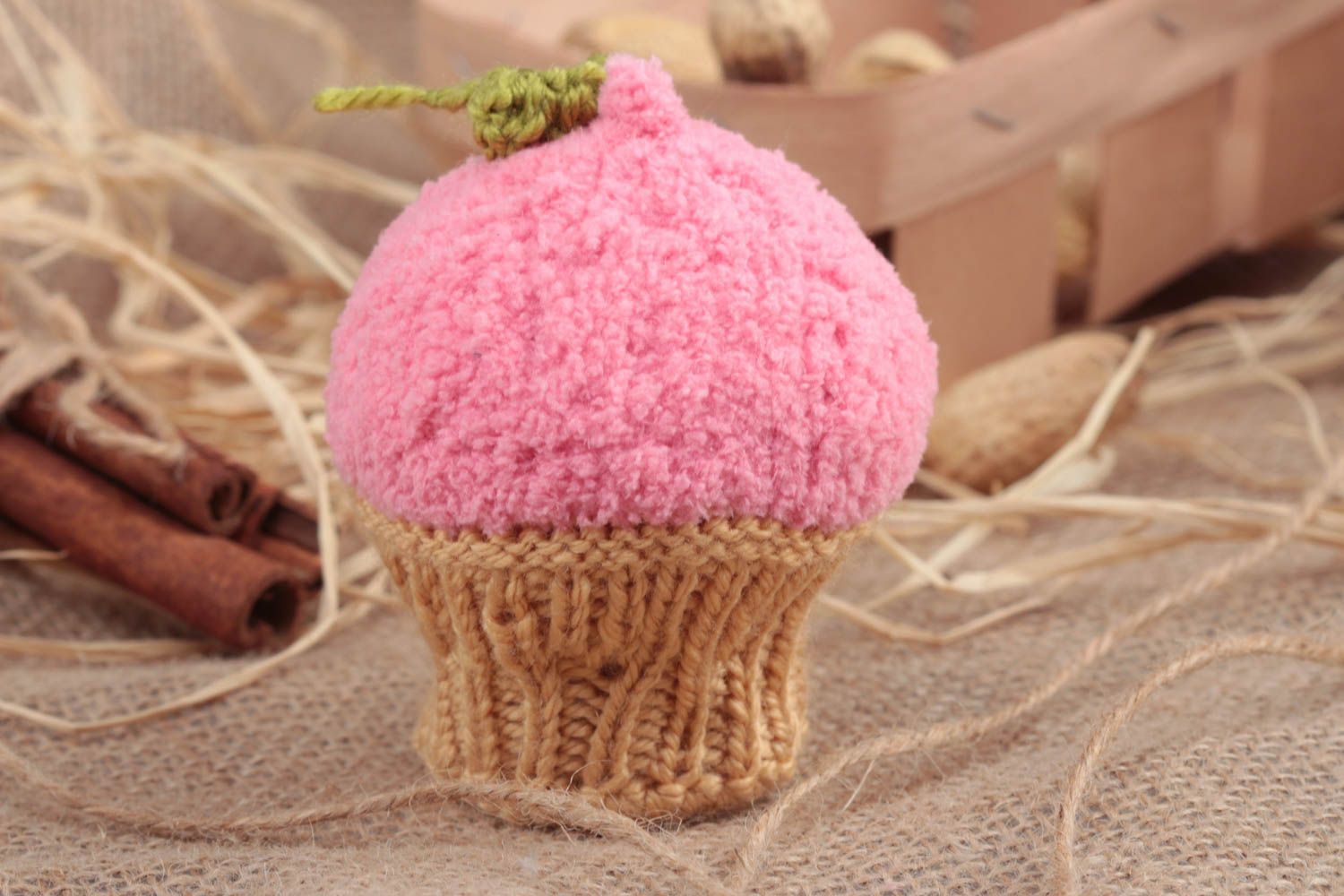 Handmade soft toy crocheted of acrylic threads pink cake for kids and decor photo 1