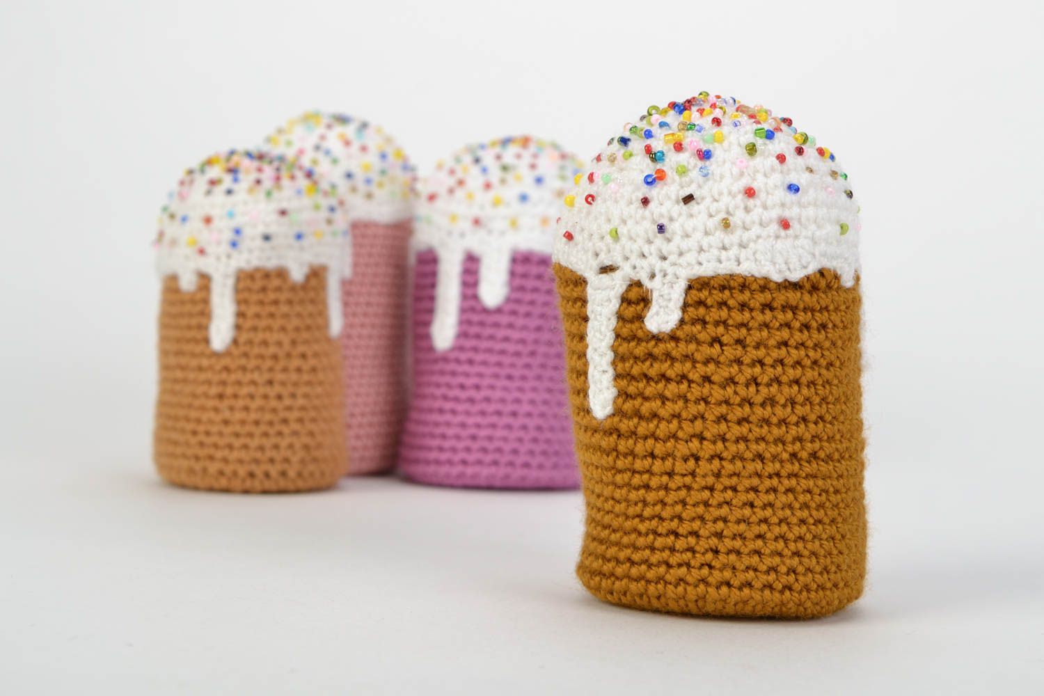 Set of handmade crochet soft Easter cakes 4 pieces for festive home decor photo 5