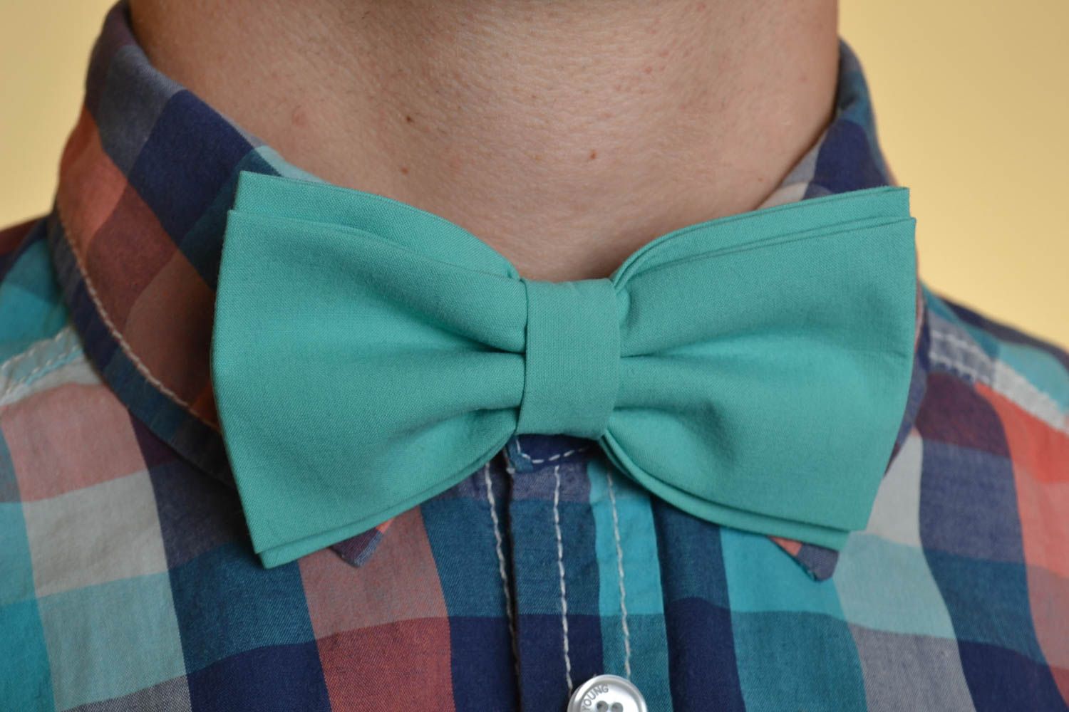 Beautiful handmade designer fabric bow tie of turquoise color photo 1