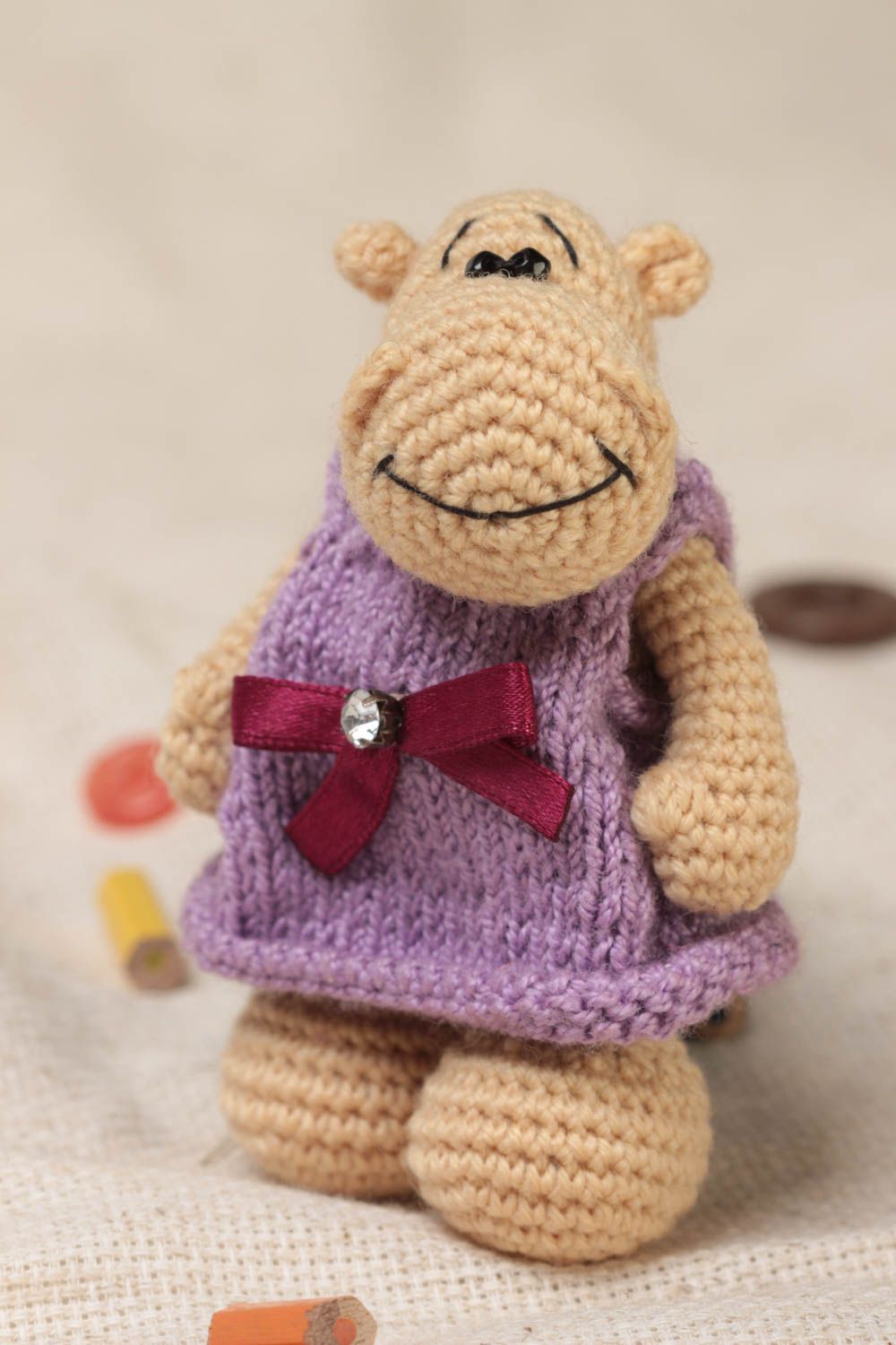 Beautiful handmade designer crochet soft toy hippo in lilac dress home decor photo 1