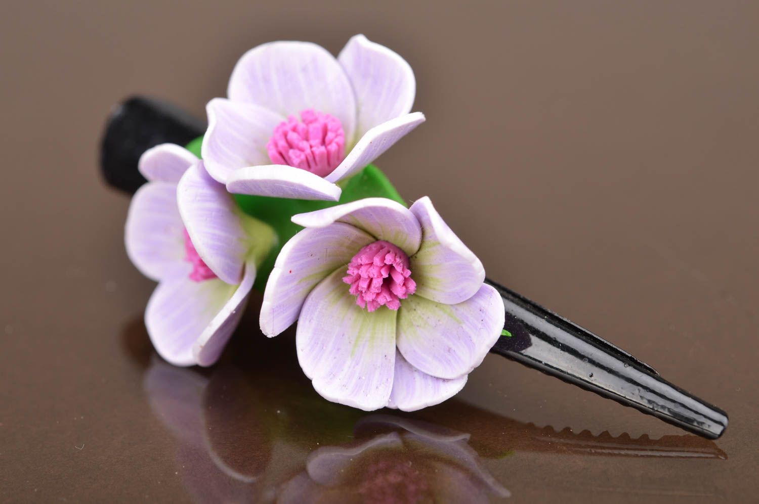 Unusual handmade lilac polymer clay flower hair clip photo 3