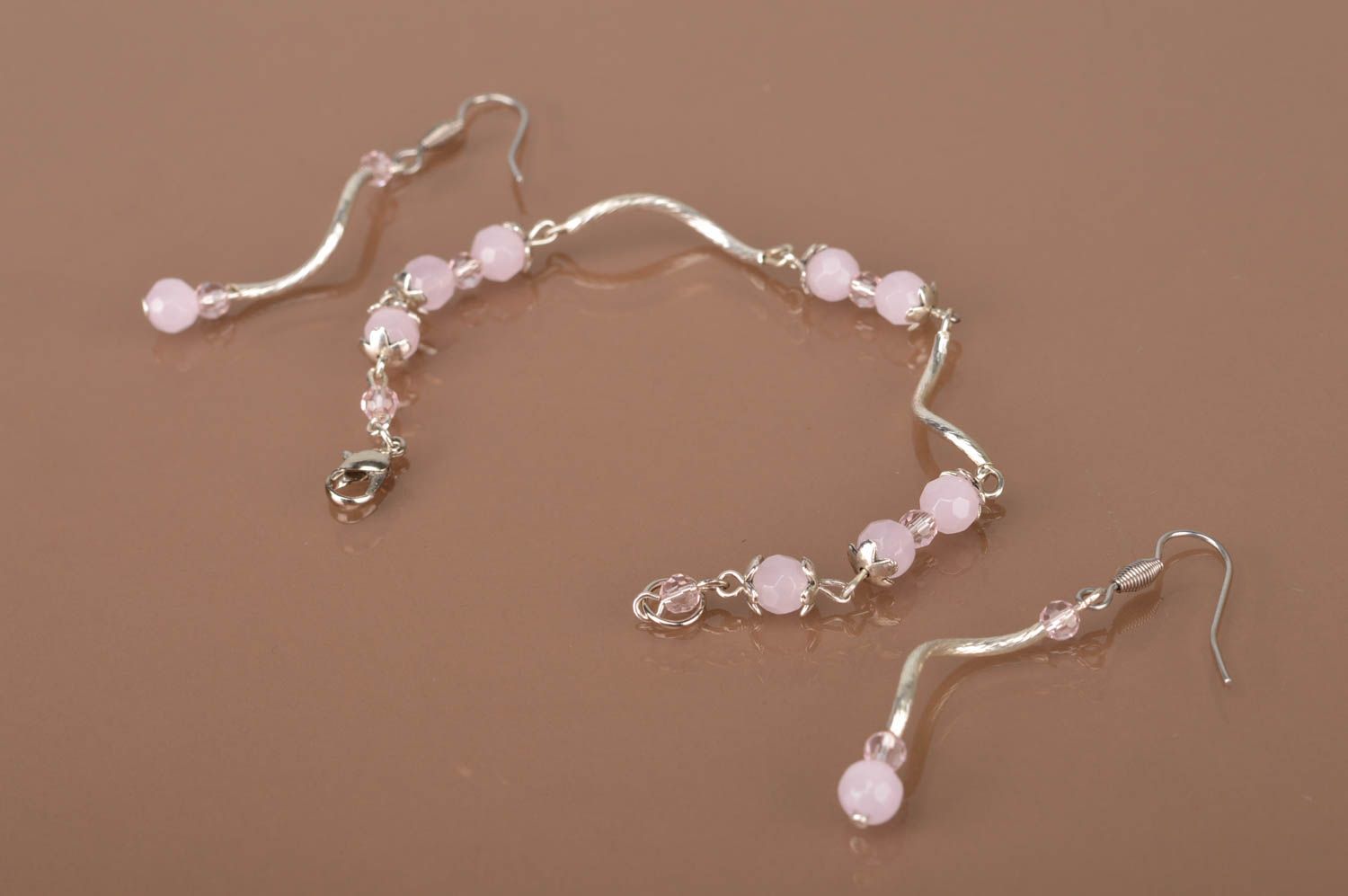 Elegant jewelry set handmade metal earrings with beads metal bracelet with beads photo 4