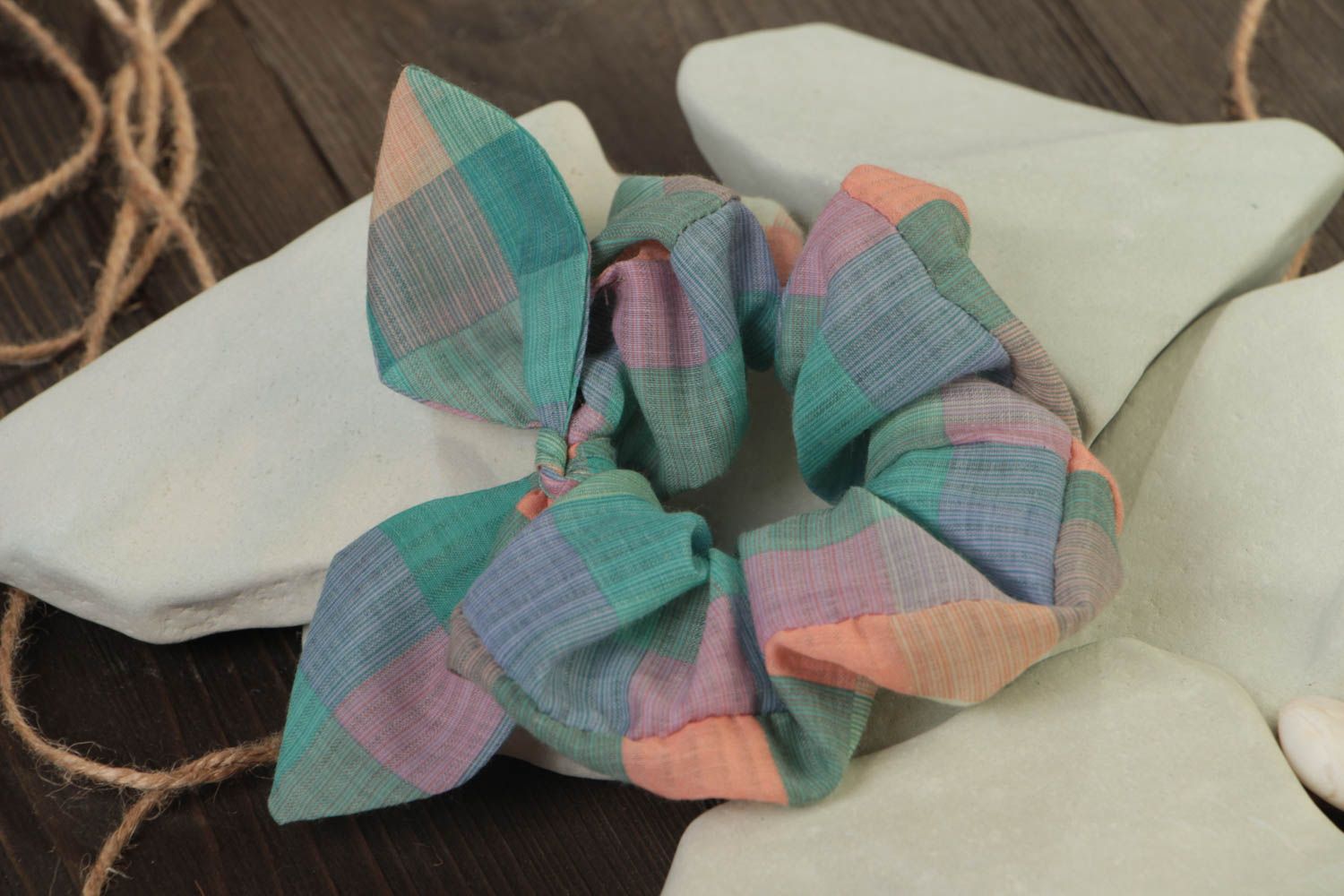 Homemade decorative volume checkered fabric hair tie of pastel colors with bow photo 1