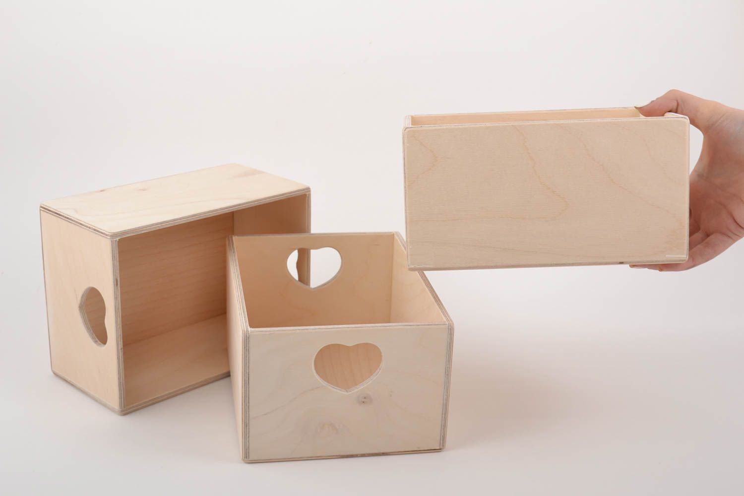 Set of 3 handmade plywood craft blank boxes with hearts for creative work photo 5