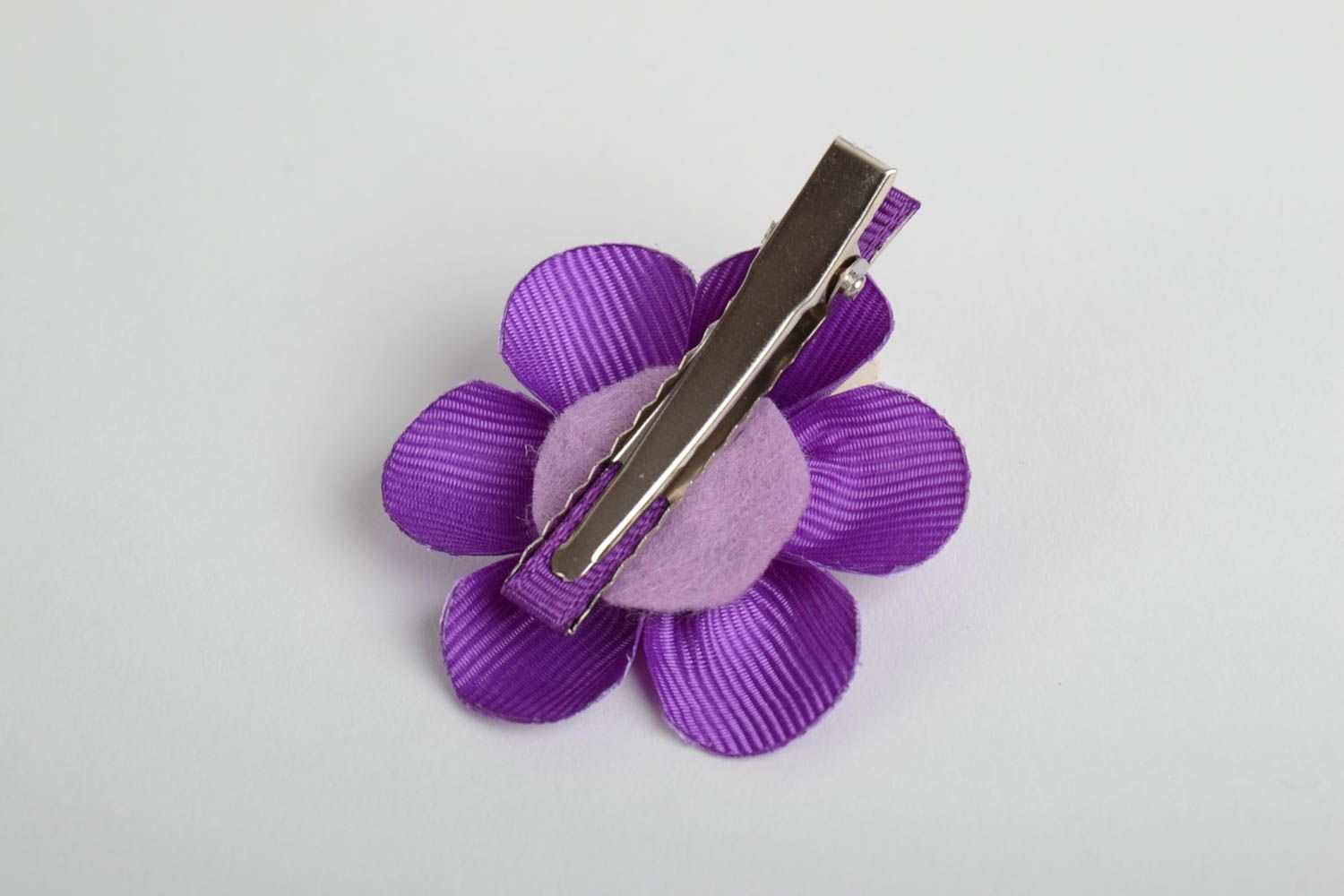 Handmade hair clip with metal basis and violet ribbon flower with rhinestone photo 3
