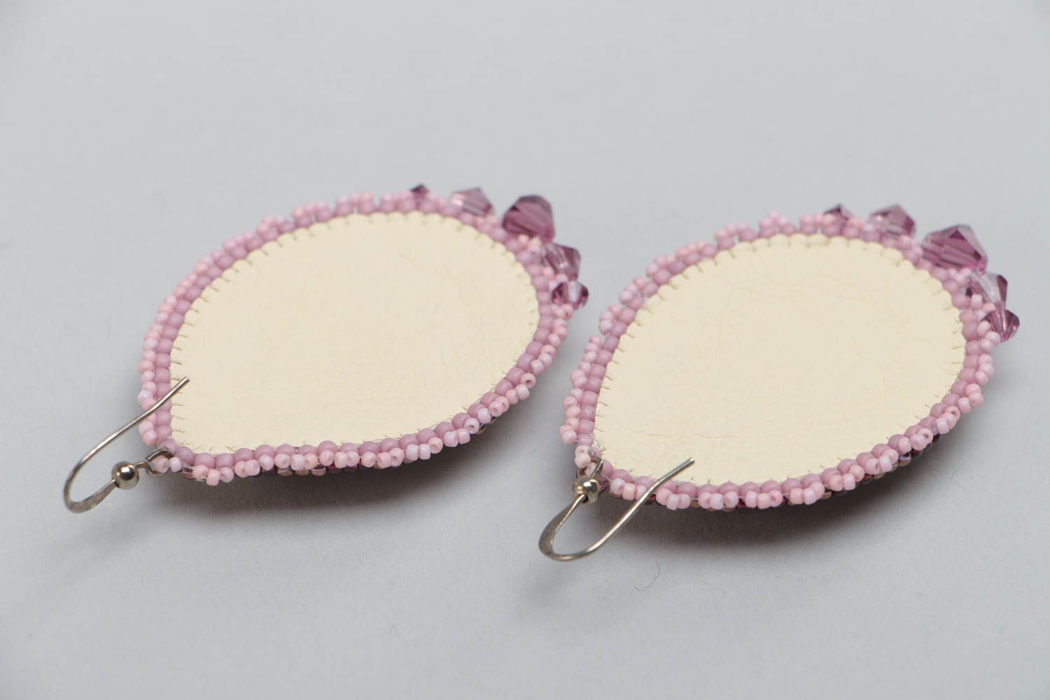 Handmade violet earrings embroidered with beads crystals and natural stone photo 4