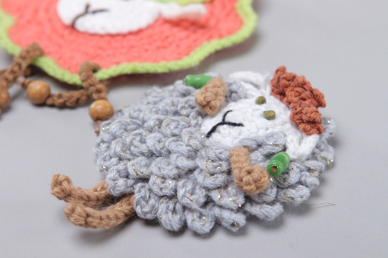 Set of handmade fridge magnets crocheted of cotton and wool 3 items Lambs photo 2