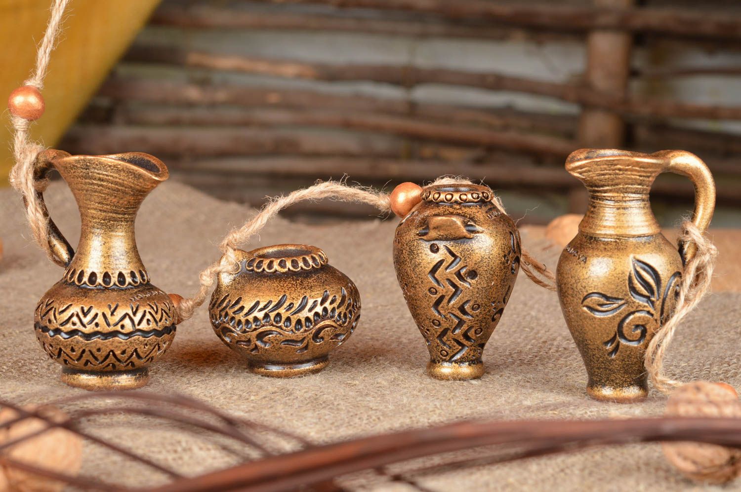 Unique pendant in form of handmade decorative pots made of clay 4 pieces photo 1