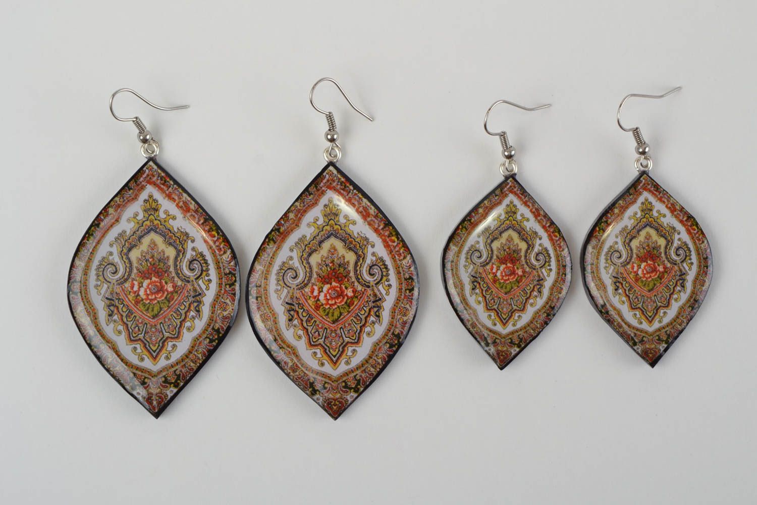 Handmade polymer clay decoupage ornamented earrings set of 2 pairs big and small photo 4