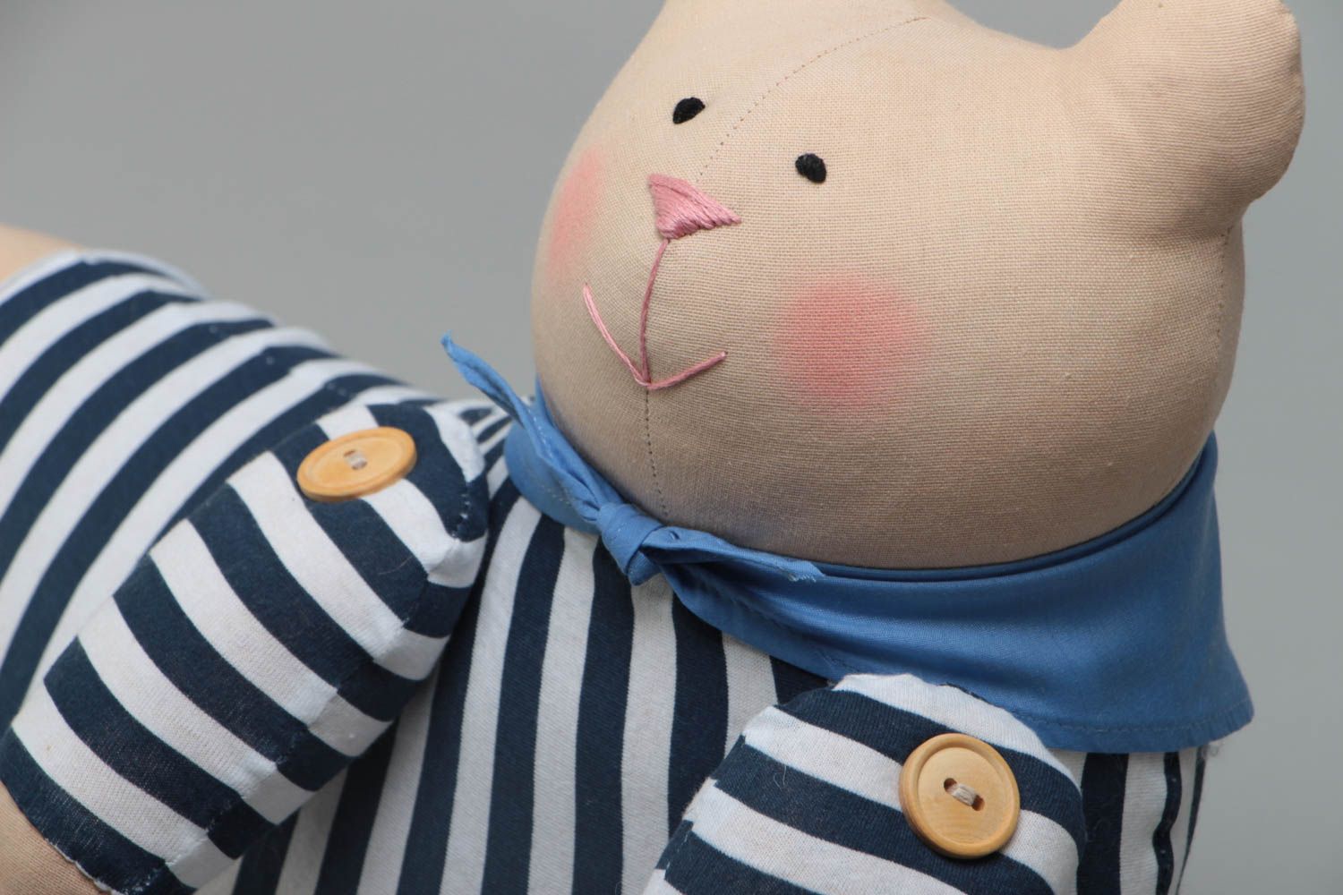Handmade funny soft toy sewn of natural fabrics Cat Sailor in striped suit photo 3