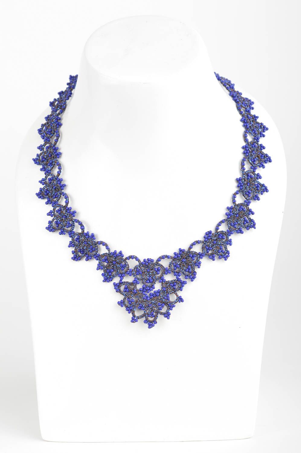 Beautiful blue handmade tatting necklace woven of satin threads with Czech beads photo 1