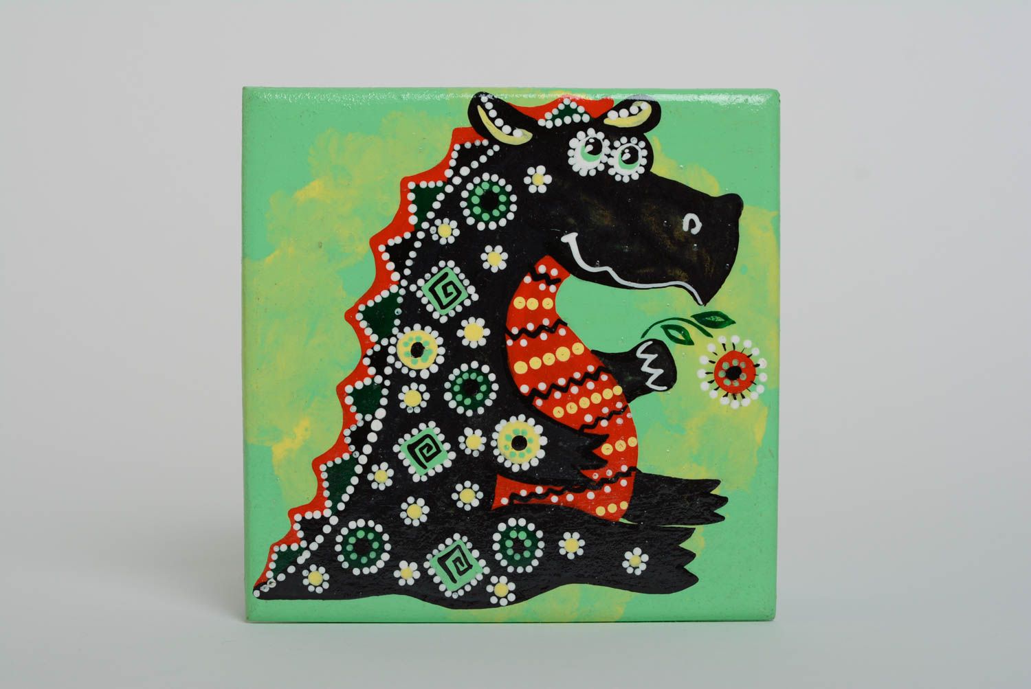 Petit tableau carré peint à l'acrylique en panneau de fibres fait main dragon photo 1