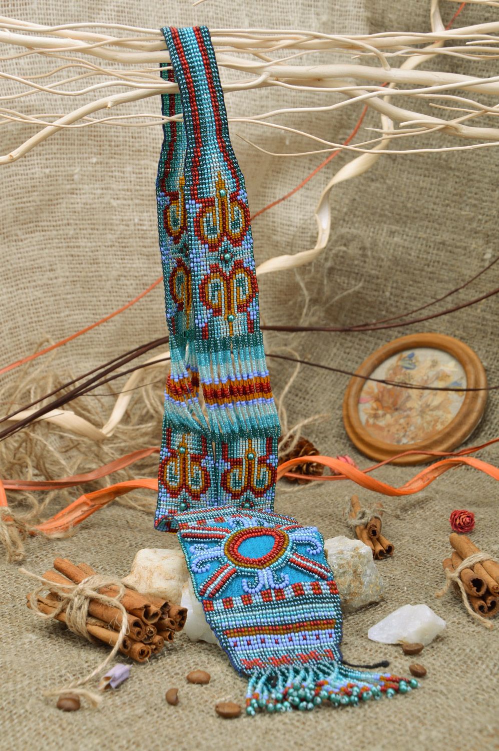 Collar de abalorios checos de colores azul y marrón largo artesanal  foto 1