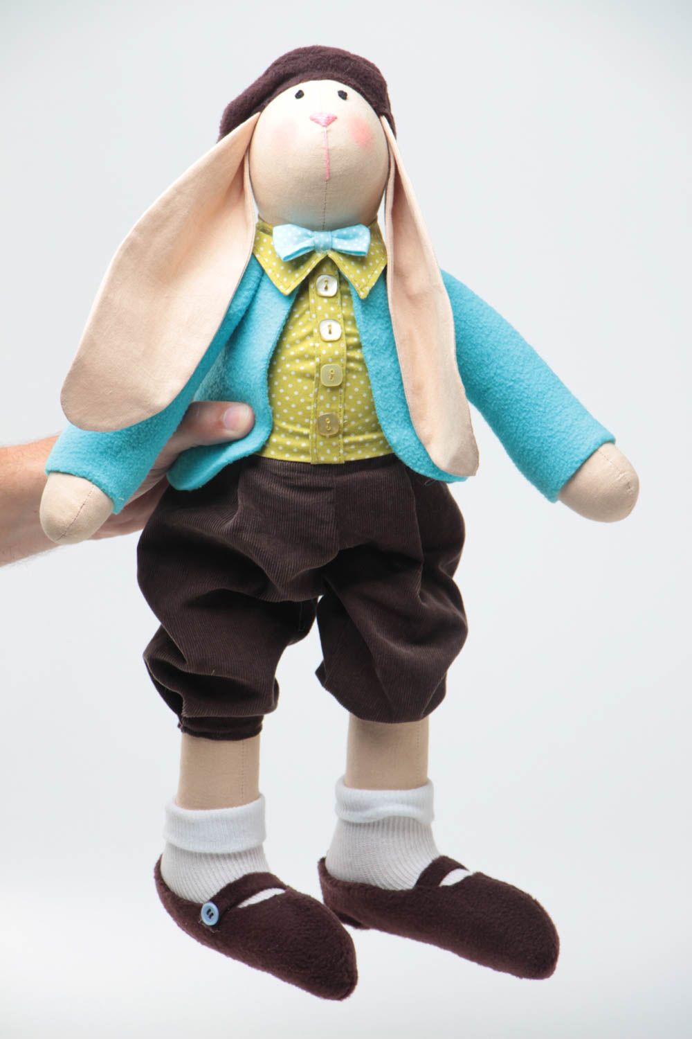 Handmade designer fabric soft toy stylish rabbit in blue jacket and green shirt photo 5