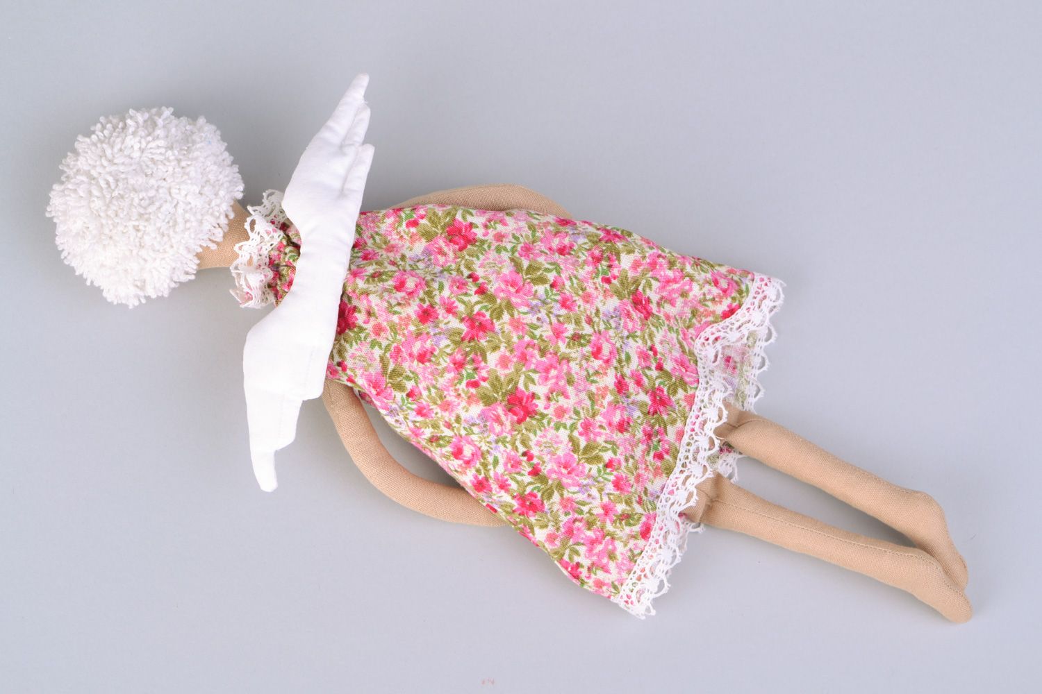 Handmade designer soft doll angel sewn of cotton with white hair and wings photo 4