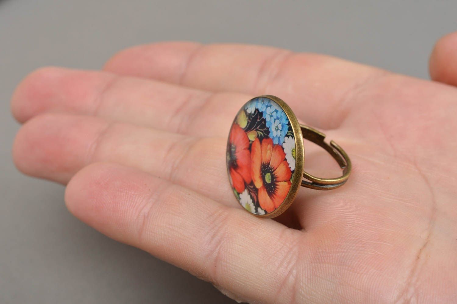 Unusual beautiful handmade decoupage ring with flower print coated with epoxy photo 4