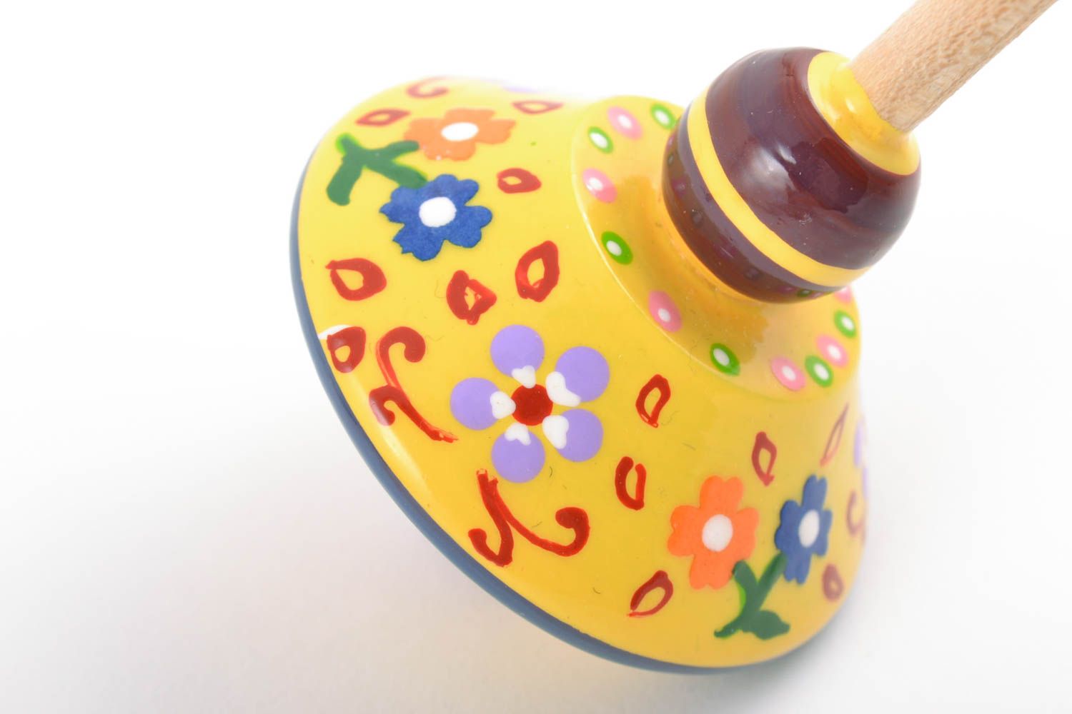 Handmade small painted with eco dyes wooden yellow spinning top toy for kids photo 5