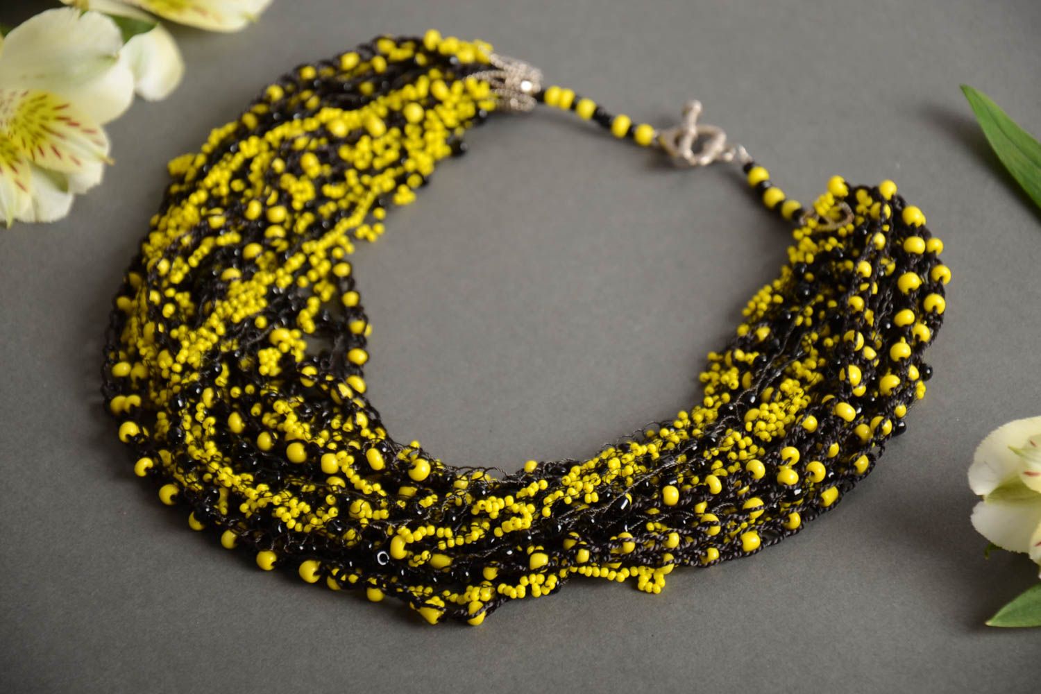 Handmade designer black and yellow multi row necklace crocheted of beads  photo 1