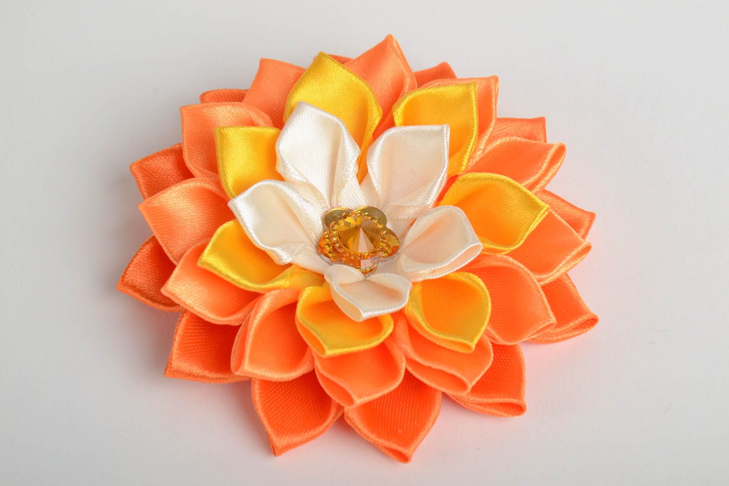 Handmade decorative orange satin ribbon kanzashi flower for accessories making photo 4