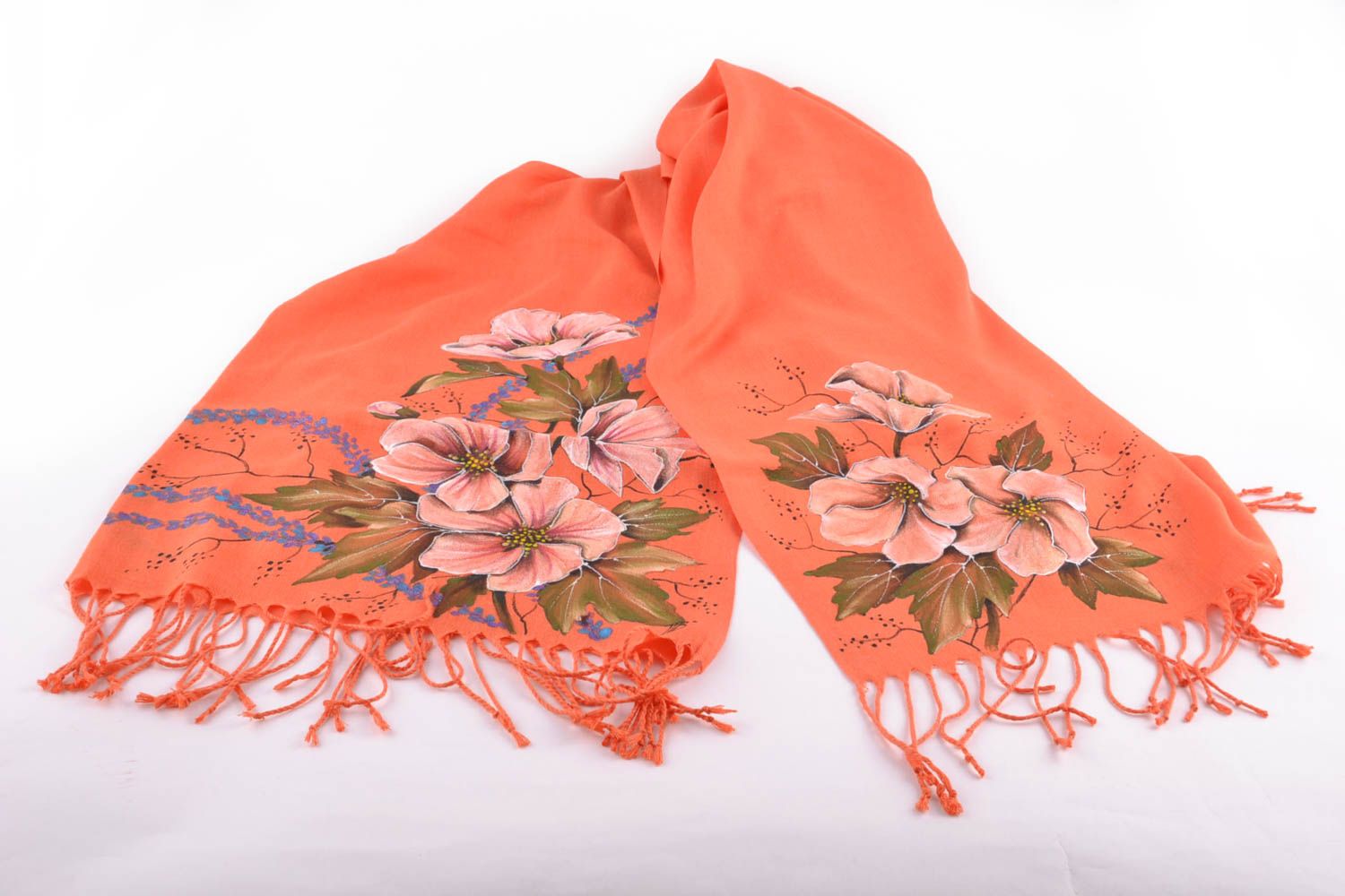 Foulard orange en cachemire avec fleurs peint fait main et original pour femme photo 4