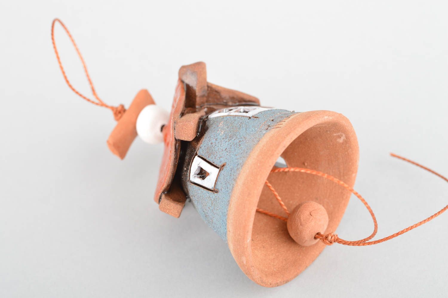 Глиняный колокольчик расписанный глазурью ручной работы Сине-красный домик  фото 2