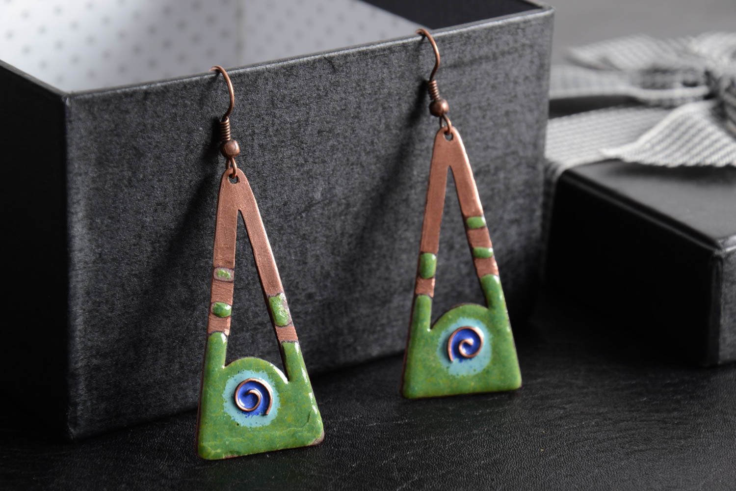 Handmade copper green earrings with hot enamel painting beautiful stylish gift photo 1