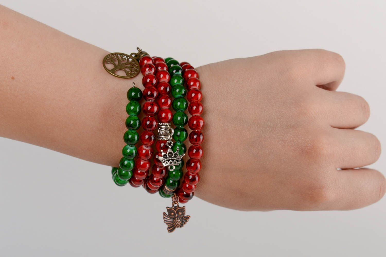 Handmade designer multi row red and green glass beaded wrist bracelet with charm photo 5
