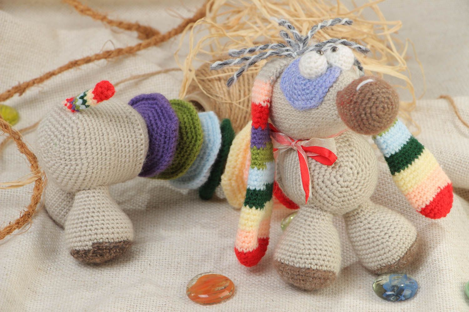 Handmade funny crochet soft toy with spring inside in the shape of colorful dog photo 1