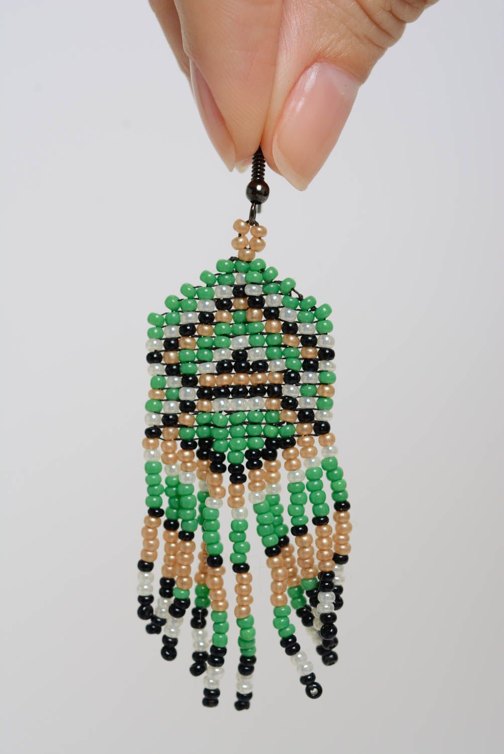 Beige green and black handmade designer beaded earrings with fringe photo 3